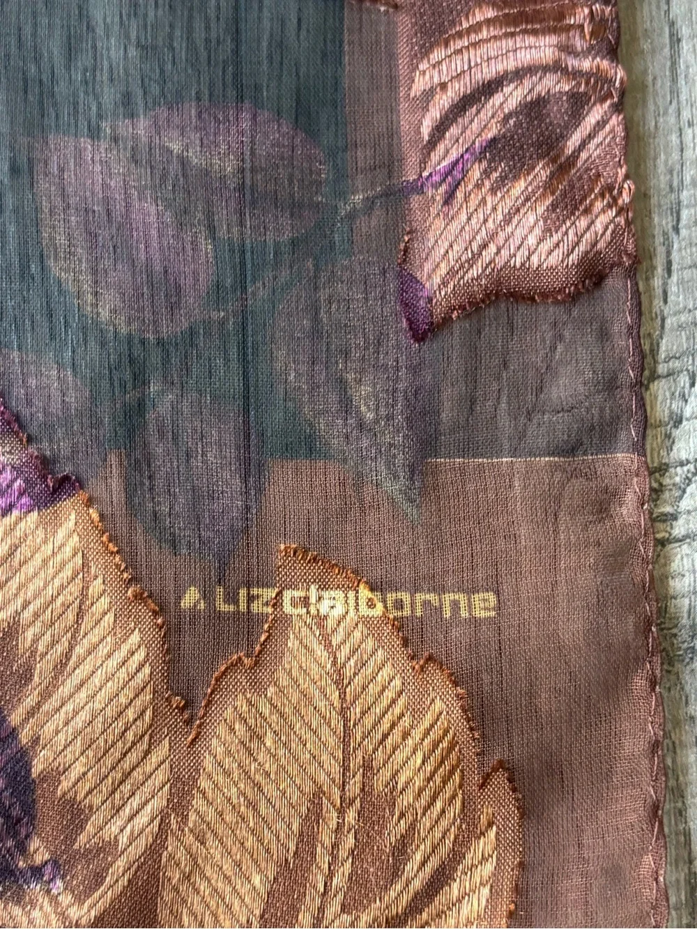 Liz Claiborne Black Sheer Floral Scarf with Bronze and Purple Accents
